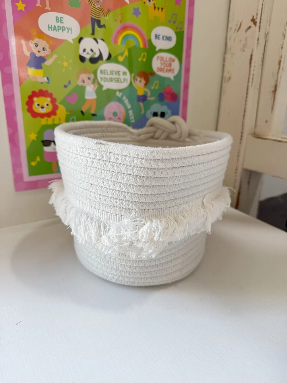 Pillowfort Boho Fringe Knotted Rope Basket Cream Minimalist Nursery Toy Storage
